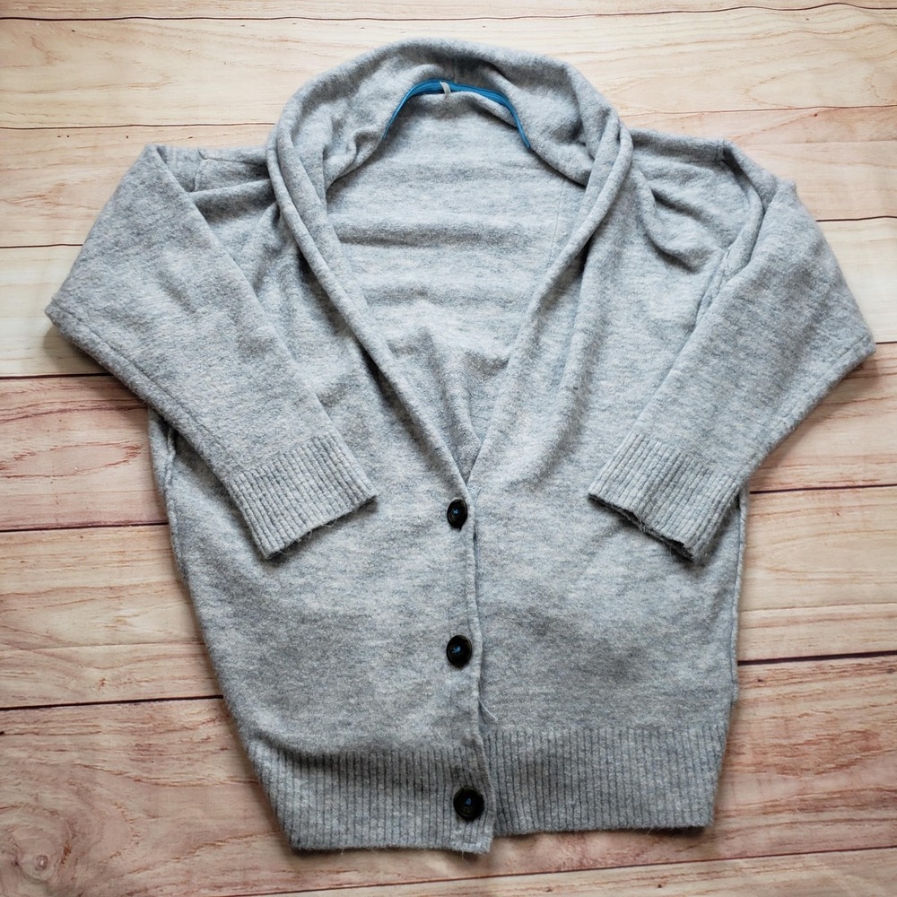 Free People Cardigan Sweater‎ Womens M Gray Open Button Chunky-Knit Relaxed